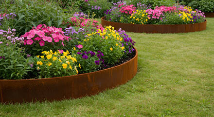 Circular Metal Garden Edging With Colorful Flowers On Manicured Lawn