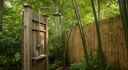 Serene Outdoor Shower With Bamboo Privacy Screen In Lush Green Garden