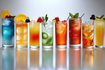 Row of colorful cocktails on a bar counter with vibrant garnishes in tall glasses, creating a festive and inviting scene.