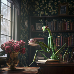 A refined humanoid praying mantis enjoys tea in a vintage library, surrounded by books and warm sunlight. This surreal and atmospheric digital artwork blends dark academia with fantasy,