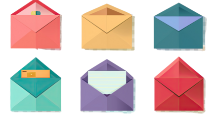 Colorful Envelopes: A collection of vibrant envelopes, each in a different hue and design, illustrating themes of communication, mailing, and written correspondence.