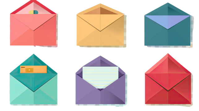 Colorful Envelopes: A collection of vibrant envelopes, each in a different hue and design, illustrating themes of communication, mailing, and written correspondence.