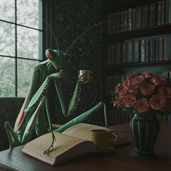 A refined humanoid praying mantis enjoys tea in a vintage library, surrounded by books and warm sunlight. This surreal and atmospheric digital artwork blends dark academia with fantasy,