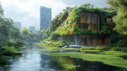 Obraz premium Sustainable green building in modern city environment