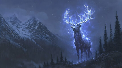 A glowing majestic deer stands in a mountainous winter landscape