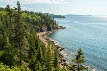 Obraz premium pine tree landscape Scenic coastal view with trees lining the shore and calm waters in the background.