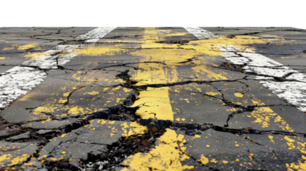 Cracked Pavement: A close-up shot of a weathered asphalt road, revealing extensive cracking and deterioration, indicating the impact of time, wear and tear.
