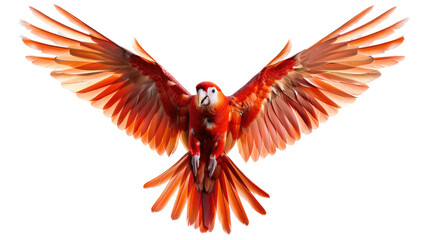 Obraz premium Crimson Wings Soaring: A vibrant red macaw in mid-flight with its wings outstretched, showcasing its bold and beautiful plumage in a dynamic display of freedom.