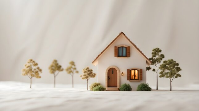 cozy and inviting house miniature with tree, space for copy 
