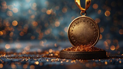 Gold medal podium with sparkles and stage lighting dramatic look copy space on the right side