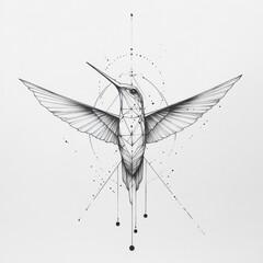 minimalist black and white tattoo, geometric Hummingbird head, fine lines, modern and clean, sacred geometry, abstract symmetry, white background 