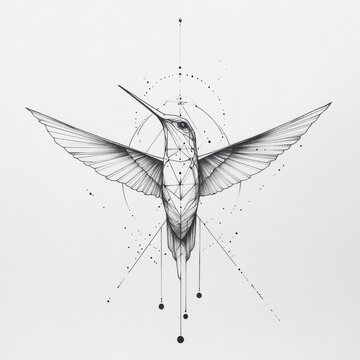 minimalist black and white tattoo, geometric Hummingbird head, fine lines, modern and clean, sacred geometry, abstract symmetry, white background 