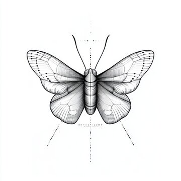 minimalist black and white tattoo, geometric Moth head, fine lines, modern and clean, sacred geometry, abstract symmetry, white background