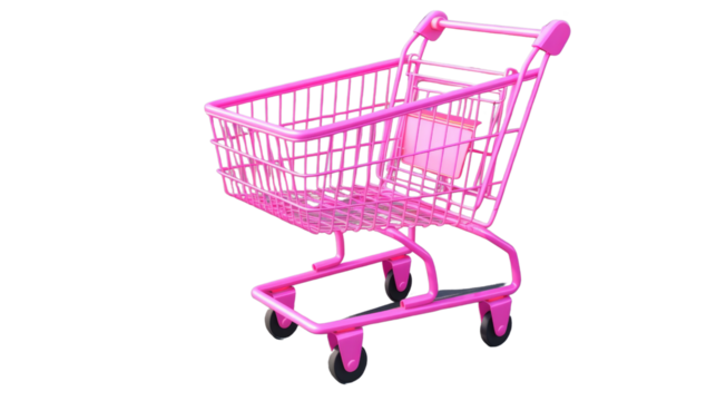 Pink Shopping Cart on White: A bright pink shopping cart, designed for convenient and fun shopping, sits isolated. Perfect for retail and consumerism concepts.