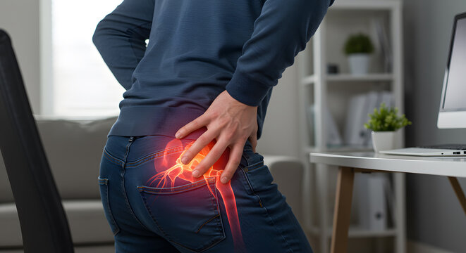 Hip Pain:  Person Holding Lower Back, Sciatica or Joint Inflammation Overlay