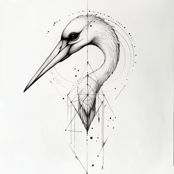 minimalist black and white tattoo, geometric Stork head, fine lines, modern and clean, sacred geometry, abstract symmetry, white background