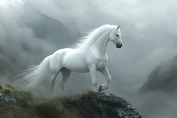 A white horse standing on a rocky ledge in the mountains