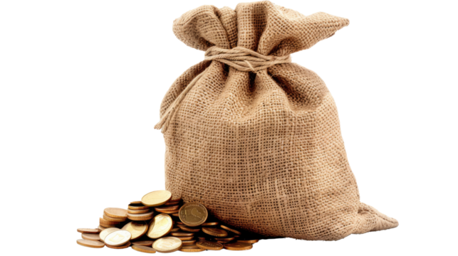 Bag of Wealth: A tightly bound burlap sack overflows with shimmering coins, symbolizing prosperity and financial abundance, casting a warm, inviting glow.