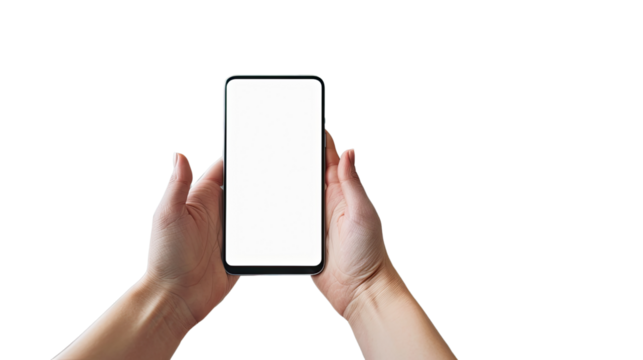 Hands cradling phone: A close-up perspective showcases a pair of hands, gently cradling a sleek smartphone, the screen radiating a bright, inviting glow, ready for user interaction.