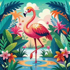 Pink flamingos standing in water, a beautiful wildlife illustration