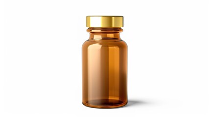 Amber glass bottle featuring a gold screw cap, suitable for pharmaceutical or cosmetic applications, presented isolated on a white background with a touch of generative AI elements. The bottle's elega