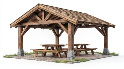 Rustic Wooden Pavilion with Picnic Tables on Stone Paved Surface