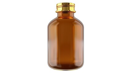 Amber glass bottle featuring a gold screw cap, suitable for pharmaceutical or cosmetic applications, presented isolated on a white background with a touch of generative AI elements. The bottle's elega