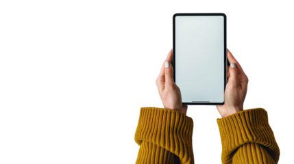 Holding Phone Screen: An individual with manicured nails displays a blank smartphone screen, its smooth surface reflecting the light, perfect for showcasing app designs or digital content.