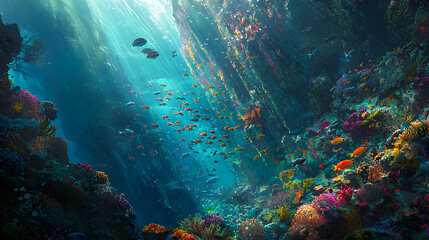 Obraz premium Vibrant Underwater Scene with Colorful Coral and Tropical Fish