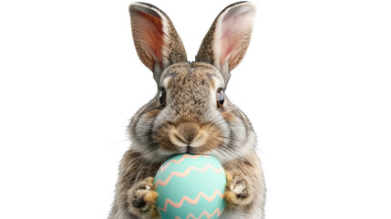 Obraz premium Easter Bunny with Decorated Egg: A fluffy, adorable Easter bunny cradles a vibrantly decorated Easter egg. The image embodies the cheerful spirit of spring and festive traditions.