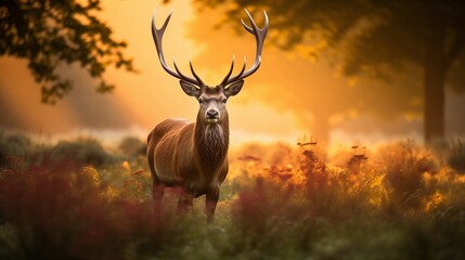 A majestic red deer stag standing proudly in a lush green meadow 
