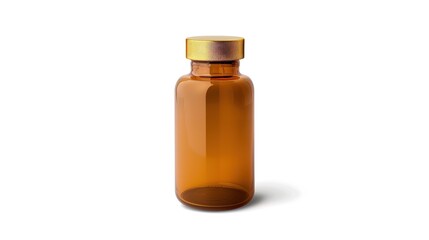 Amber glass bottle featuring a gold screw cap, suitable for pharmaceutical or cosmetic applications, presented isolated on a white background with a touch of generative AI elements. The bottle's elega