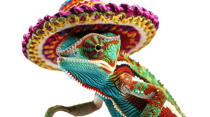 Fototapeta premium Chameleon in a Colorful Sombrero: A vibrant chameleon, its skin a kaleidoscope of hues, proudly dons a colorful sombrero, embodying a sense of festive fun and quirky charm.
