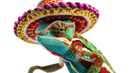 Chameleon in a Colorful Sombrero: A vibrant chameleon, its skin a kaleidoscope of hues, proudly dons a colorful sombrero, embodying a sense of festive fun and quirky charm.