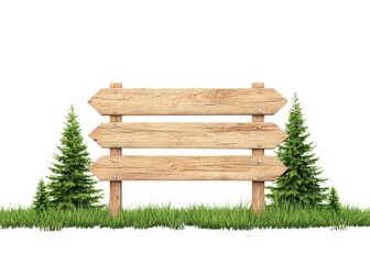 Naklejka premium Wooden signpost with three arrows on green grass with fir trees. Concept for direction, nature, and outdoor activities.