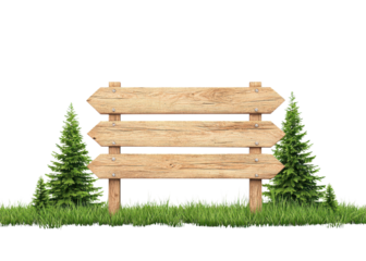 Wooden signpost with three arrows on green grass with fir trees. Concept for direction, nature, and outdoor activities.