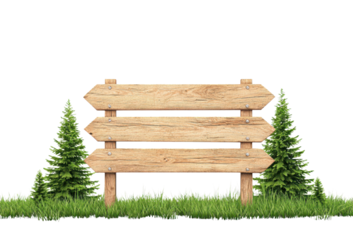 Wooden signpost with three arrows on green grass with fir trees. Concept for direction, nature, and outdoor activities.