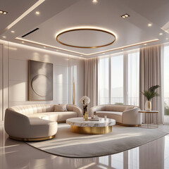 Sophisticated Modern Living Room with Round Coffee Table and Soft Lighting
