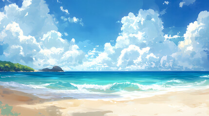 Obraz premium Serene Coastal Landscape with Turquoise Water and Fluffy Clouds