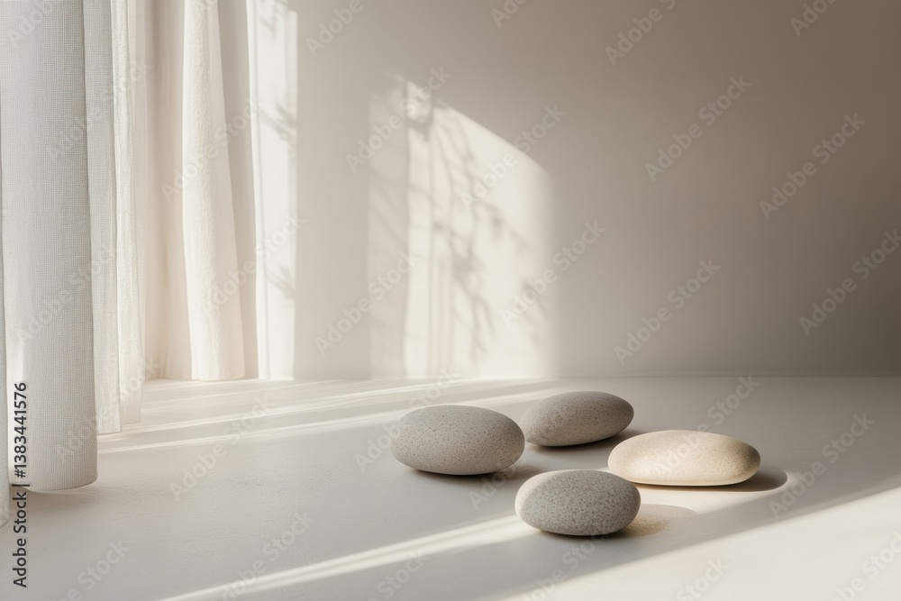 Poster minimalist arrangement of smooth river stones on a white surface under soft lighting in a neutral ae