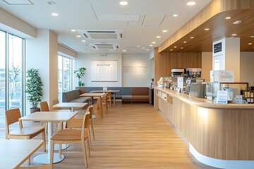 A modern cafe interior features tables chairs and a curved wooden counter