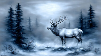 Naklejka premium A majestic elk stands calmly in a misty winter woodland scene