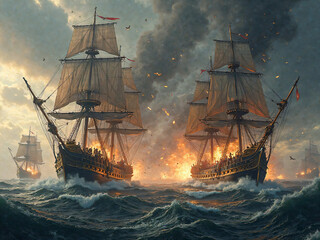 Fototapeta premium Sea battle burning ships fire cannons