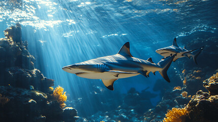Naklejka premium Blacktip reef sharks swimming near rocks in the deep-sea sunlight