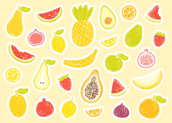 Set of colorful summer fruits stickers. Cartoon summer fruits vector collection. Pineapple, banana, avocado, lemon, watermelon, papaya, strawberry, pear, fig, pomegranate, apple and so on