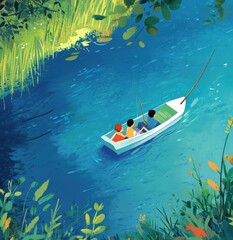 Two friends lie down in a small boat fishing on a calm lake. The vibrant blue water and lush green grass create a cheerful summer atmosphere capturing the joy of a relaxing day outdoors