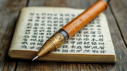 An antique pen resting on an open book filled with script