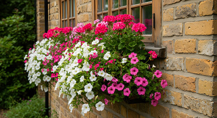 Charming Cottage Window Box Display with Overflowing Pink and White Flowers