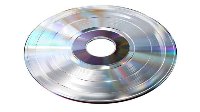 Silver Compact Disc: Captivating silver CD, reflecting light, presenting a sleek, glossy design, embodies music and data storage, capturing the essence of technology and entertainment.
