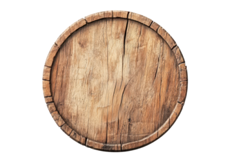 Wooden barrel lid, top view, isolated on transparent background. Rustic wood texture, round shape.